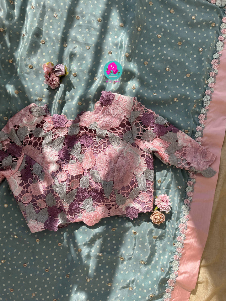 Pure Natural Crape Saree with Mirror Work and Rosy Floral border Paired with blouse