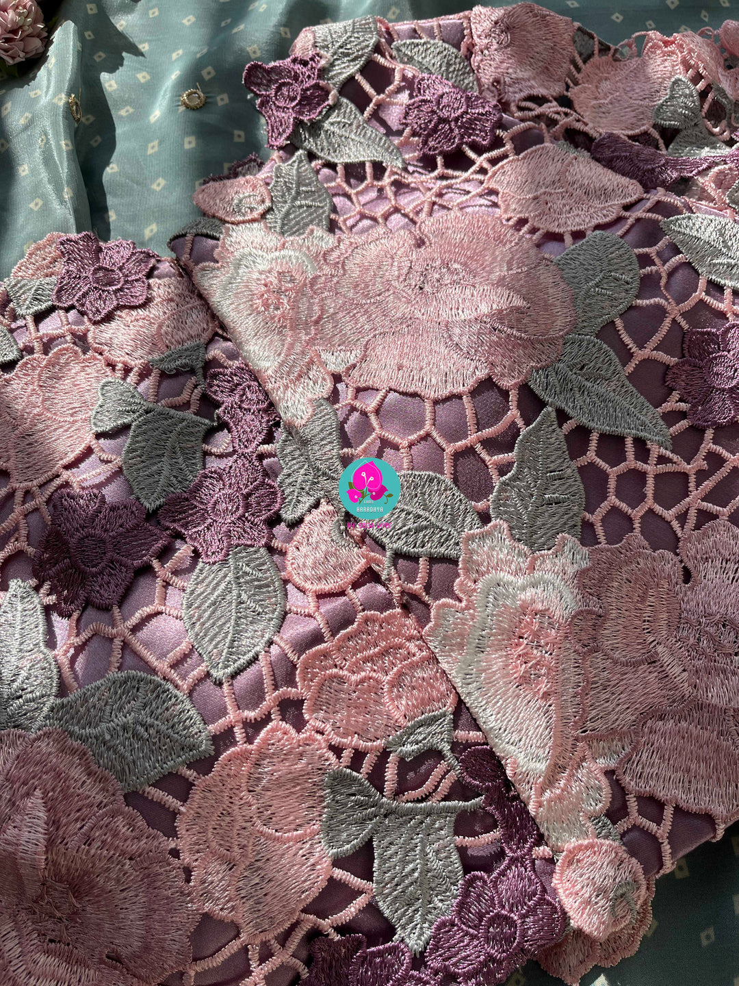 Pure Natural Crape Saree with Mirror Work and Rosy Floral border Paired with blouse