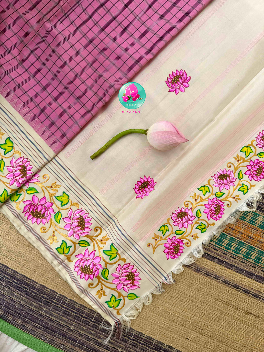 Ethereal Lotus Canvas: Light Pink & Ivory Tanjore Hand-Painted Kanjeevaram Saree