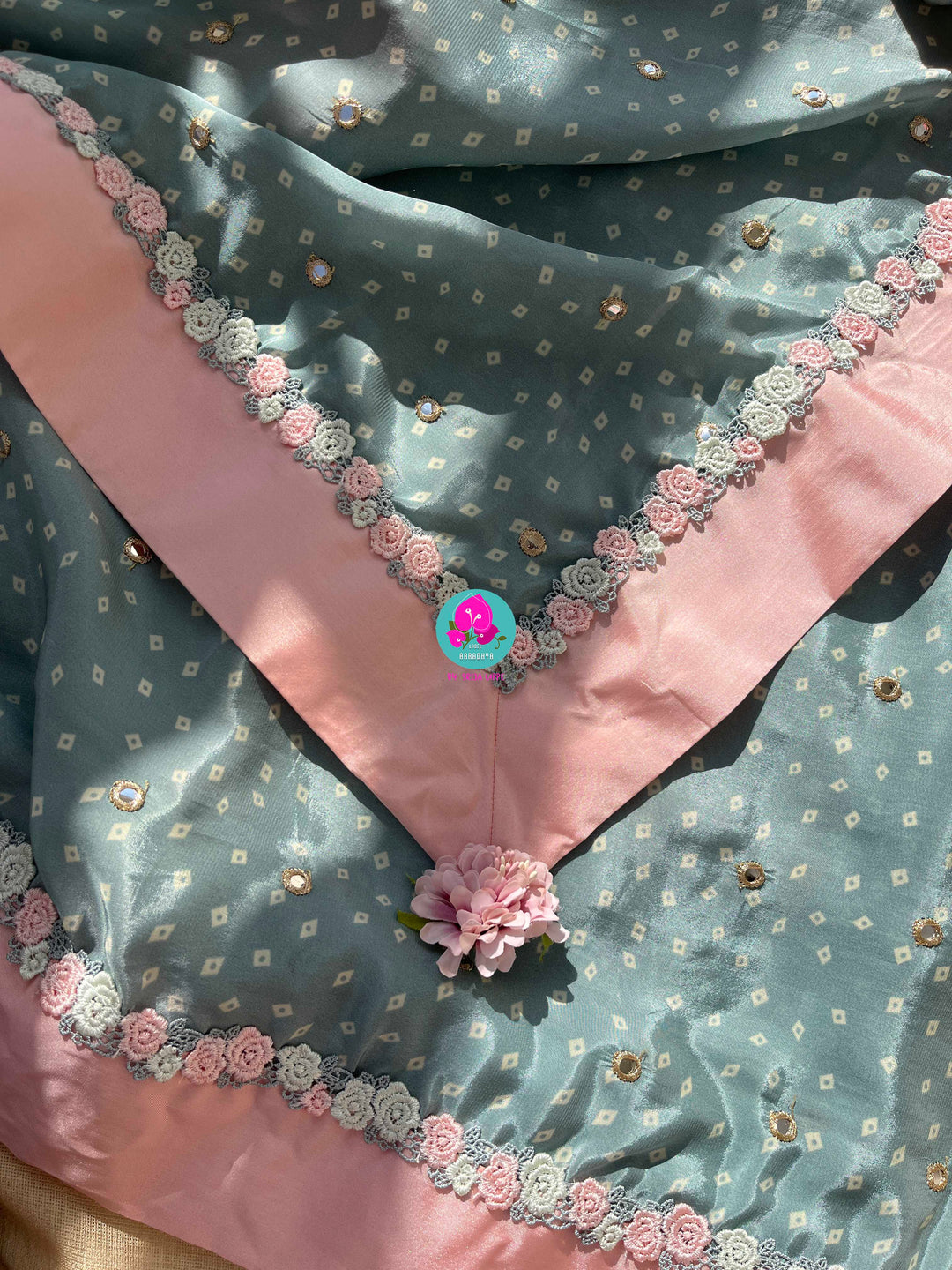 Pure Natural Crape Saree with Mirror Work and Rosy Floral border Paired with blouse