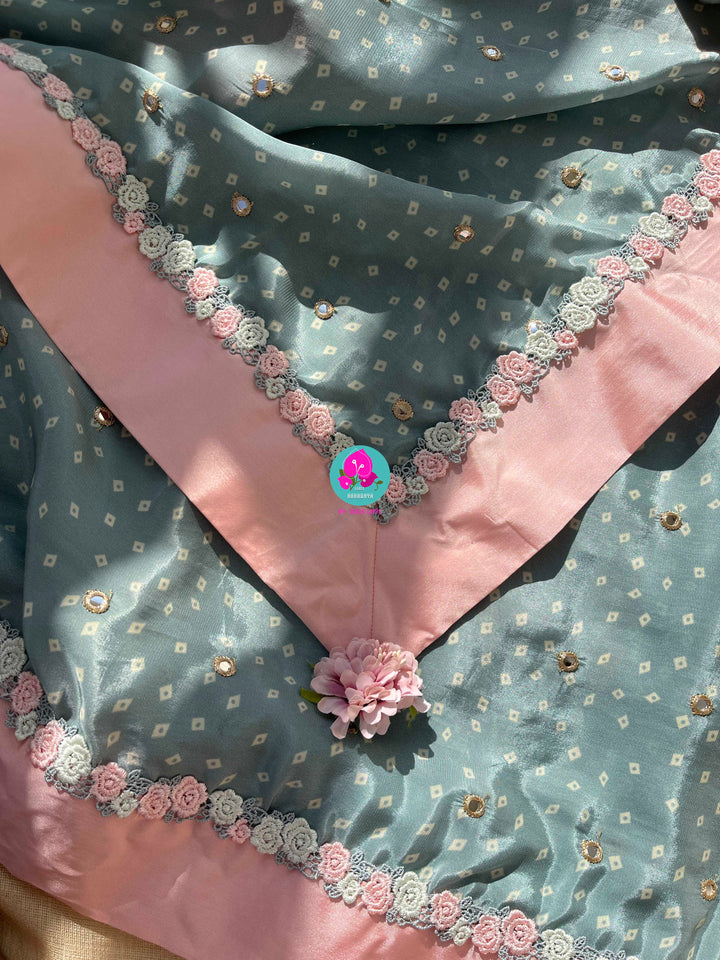 Pure Natural Crape Saree with Mirror Work and Rosy Floral border Paired with blouse