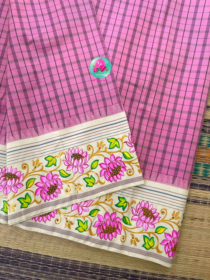 Ethereal Lotus Canvas: Light Pink & Ivory Tanjore Hand-Painted Kanjeevaram Saree