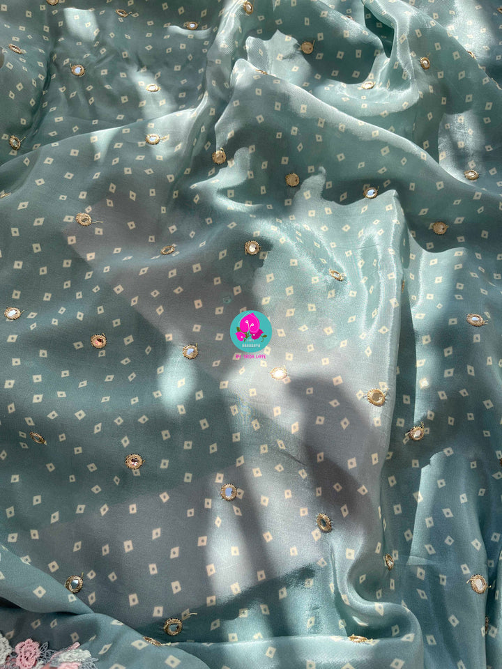 Pure Natural Crape Saree with Mirror Work and Rosy Floral border Paired with blouse