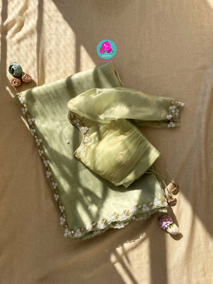 Garden of Grace: Flowy Organza Saree with Delicate Floral Beadwork