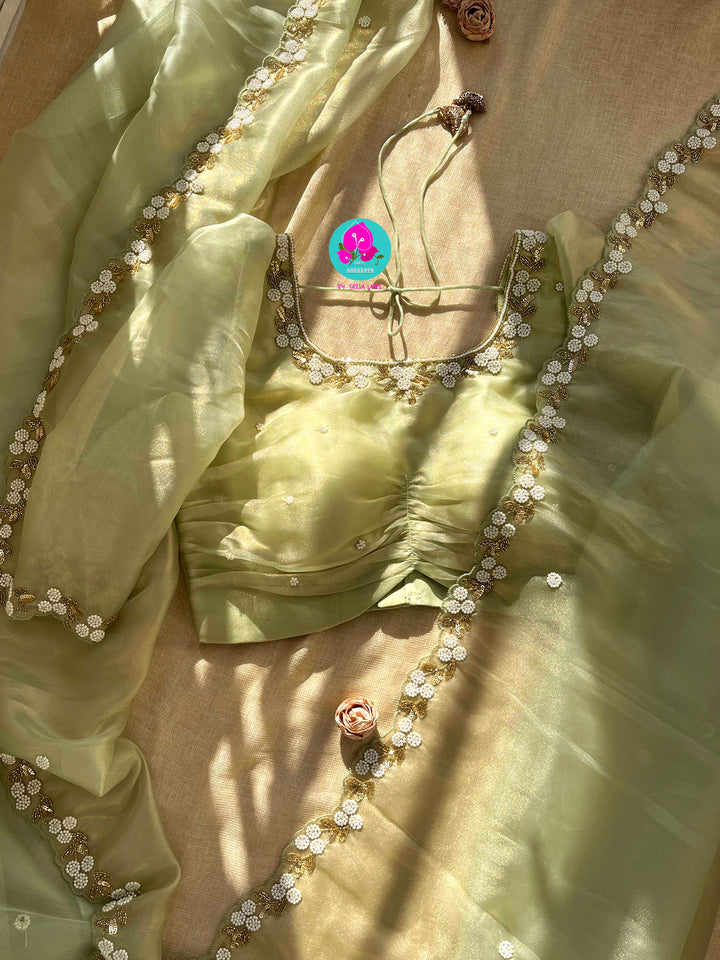 Garden of Grace: Flowy Organza Saree with Delicate Floral Beadwork