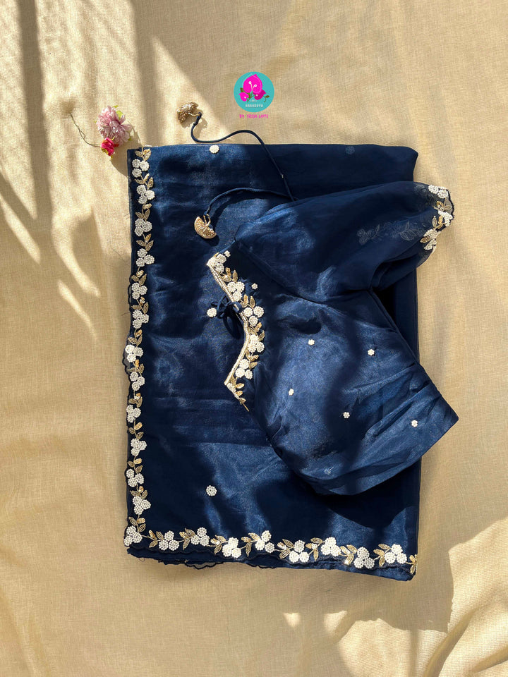 The Pearl-Laced Night: Soft Organza Saree for Timeless Evening Grace