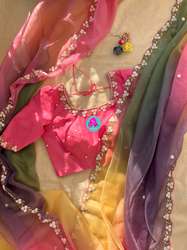 Kaleidoscope Dreams: Multishaded Organza Saree for Joyful Elegance