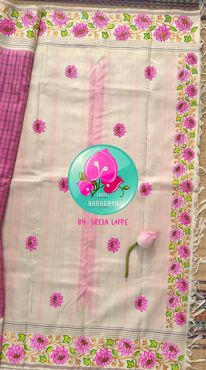 Ethereal Lotus Canvas: Light Pink & Ivory Tanjore Hand-Painted Kanjeevaram Saree