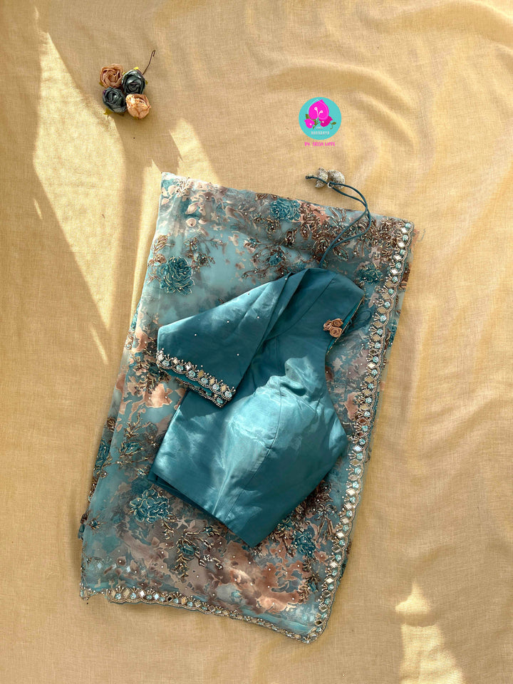 Aqua Serenity: Brasso Organza Saree with Mirror Work Magic