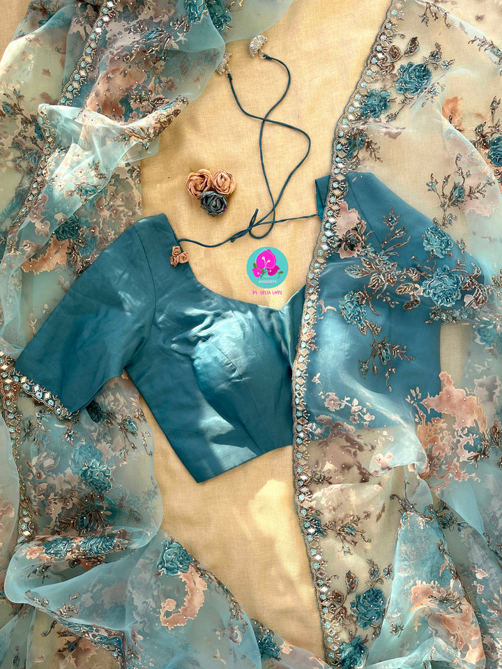 Aqua Serenity: Brasso Organza Saree with Mirror Work Magic
