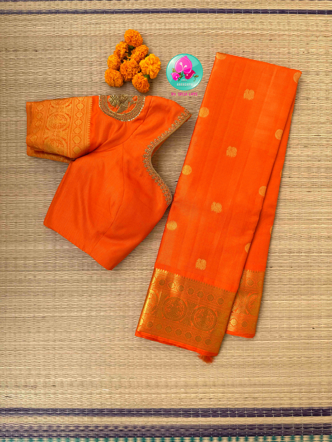 Radiant Solar Crest: Orange Vaira Oosi Kanchipattu Saree with Hand-Embroidered Gandaberunda Art