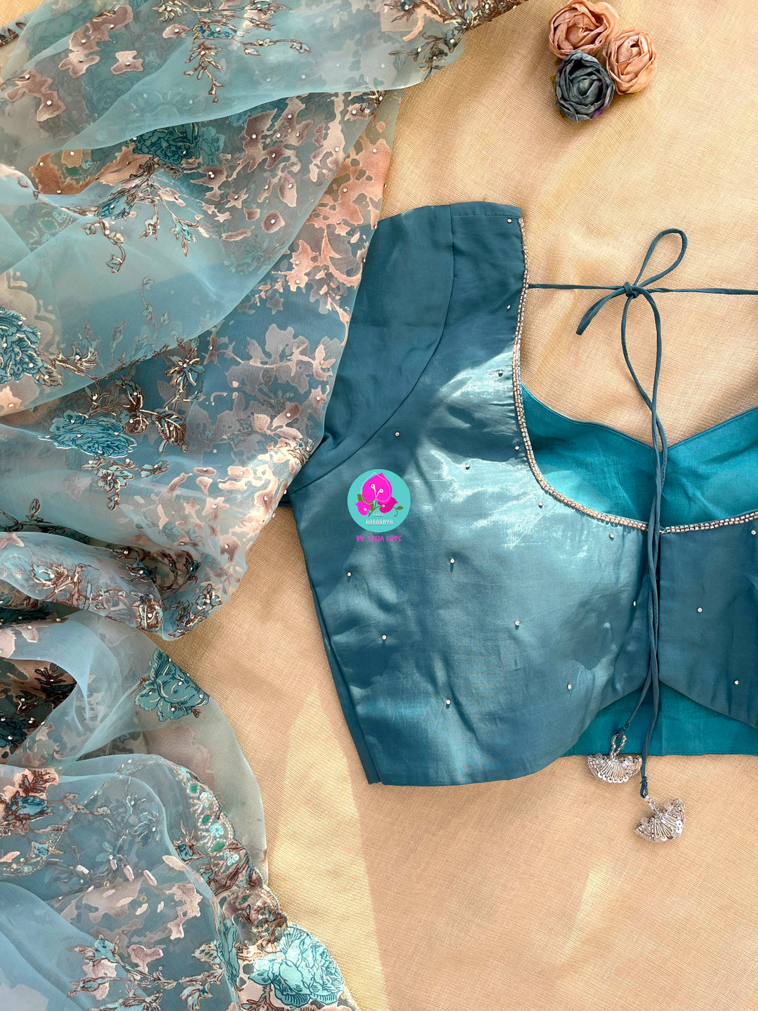Aqua Serenity: Brasso Organza Saree with Mirror Work Magic