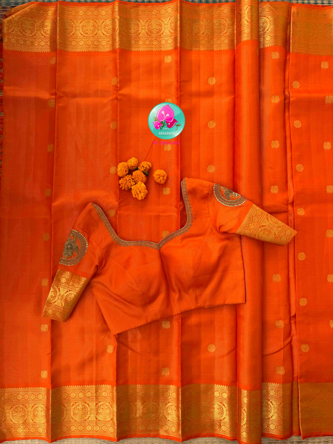 Radiant Solar Crest: Orange Vaira Oosi Kanchipattu Saree with Hand-Embroidered Gandaberunda Art