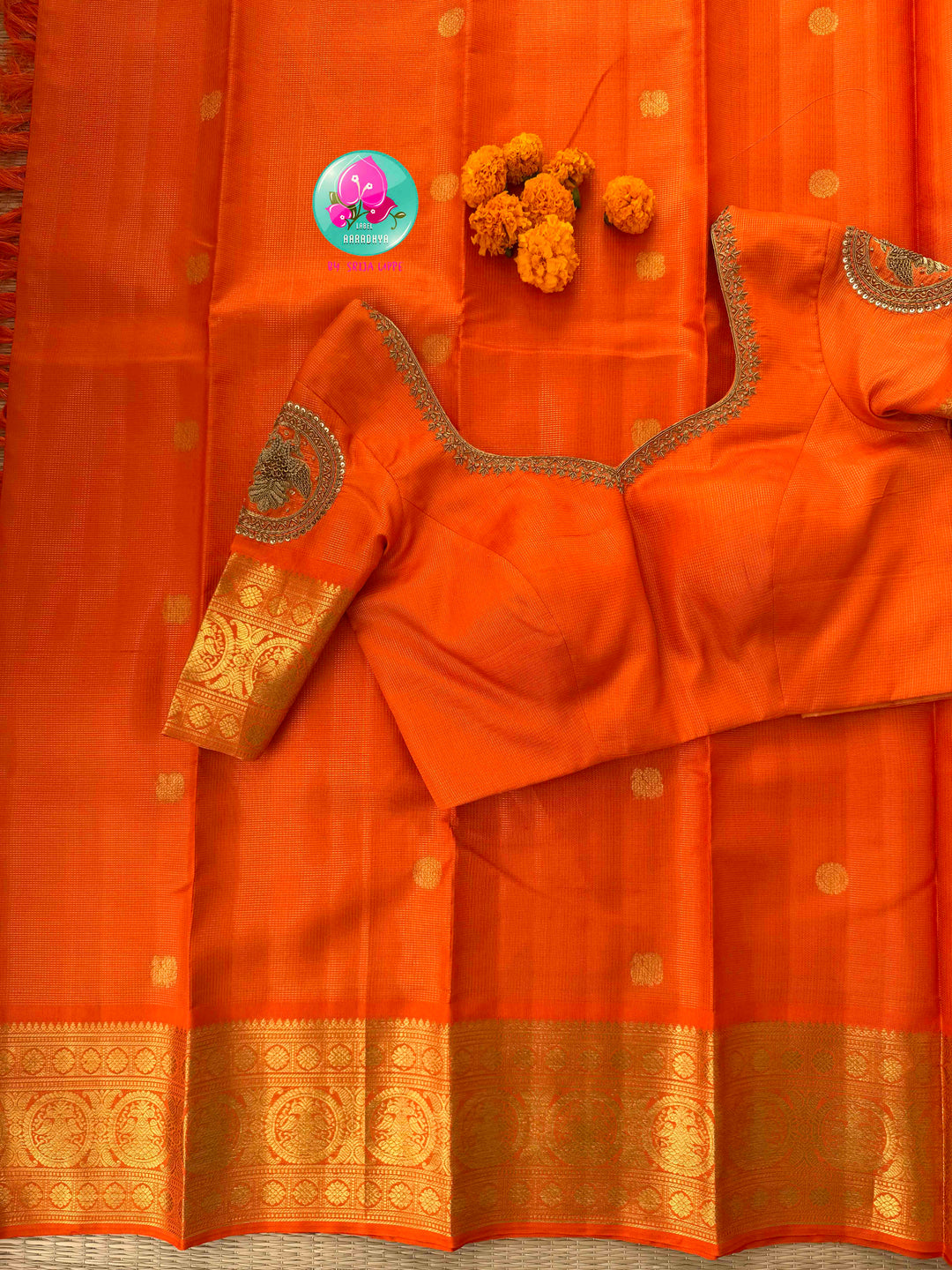 Radiant Solar Crest: Orange Vaira Oosi Kanchipattu Saree with Hand-Embroidered Gandaberunda Art