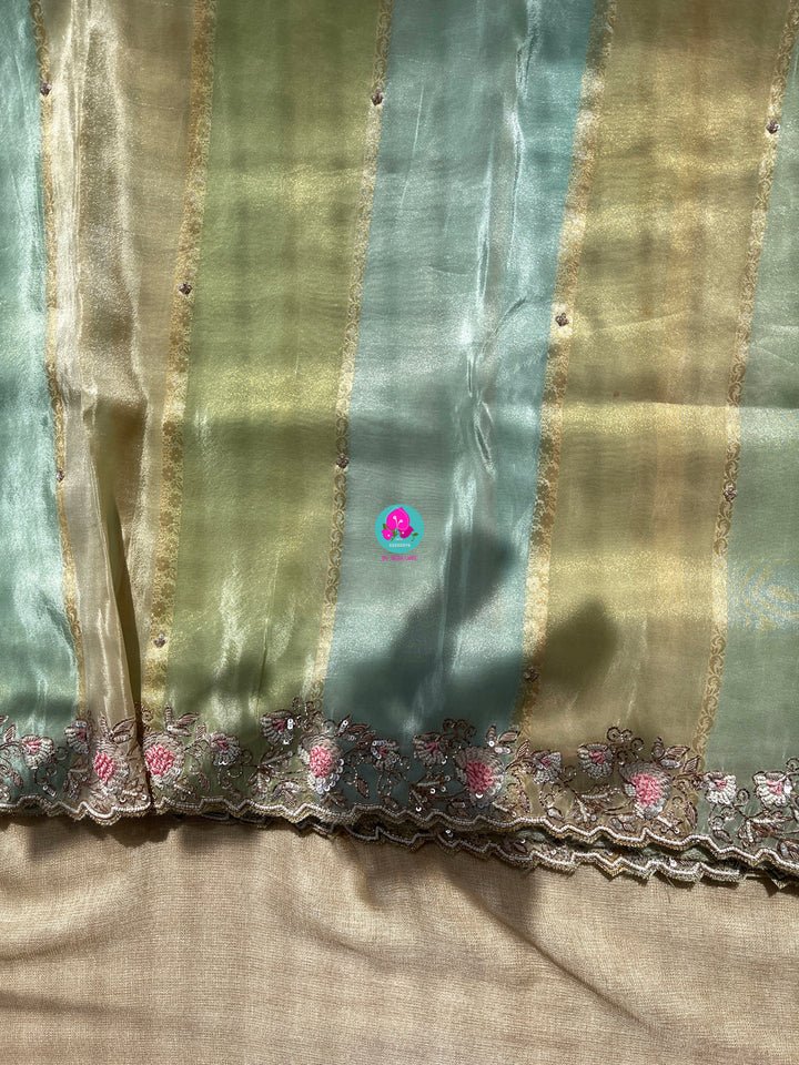 Pure tissue tussar georgette saree with hand embroidery paired with Hand embroidery blouse