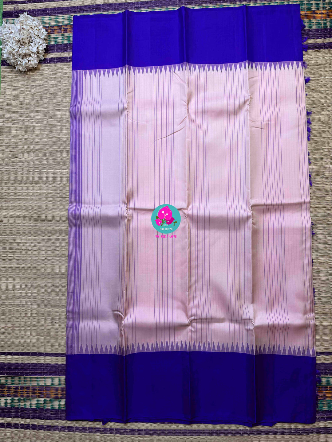 Sannajaji Serenity: Baby Pink Kanjivaram saree with Bold Royal Blue colour