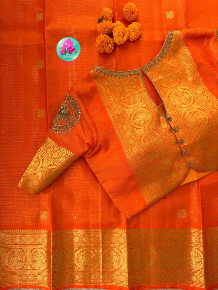 Radiant Solar Crest: Orange Vaira Oosi Kanchipattu Saree with Hand-Embroidered Gandaberunda Art