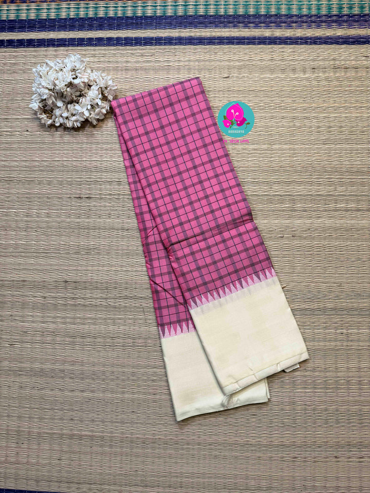 The Pink Statement: Zero Zari Kanjivaram saree in Vibrant Check and Soft Contrast