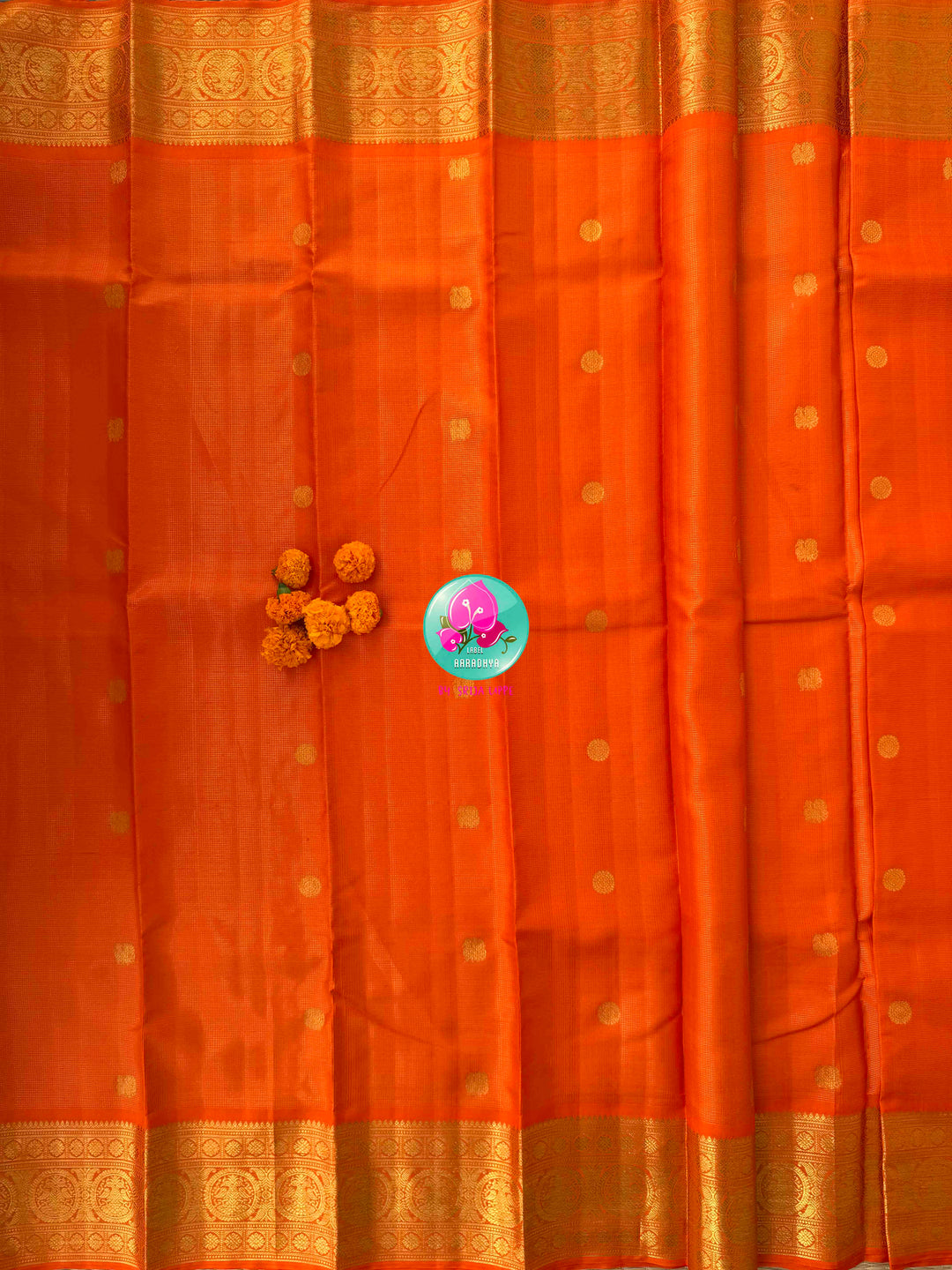 Radiant Solar Crest: Orange Vaira Oosi Kanchipattu Saree with Hand-Embroidered Gandaberunda Art