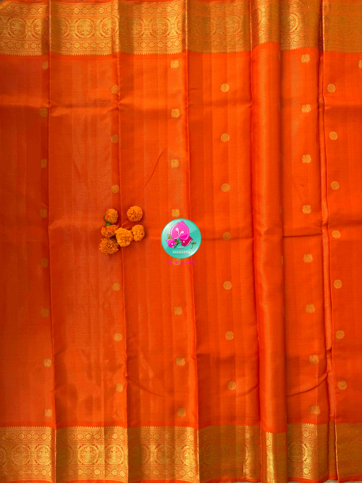 Radiant Solar Crest: Orange Vaira Oosi Kanchipattu Saree with Hand-Embroidered Gandaberunda Art
