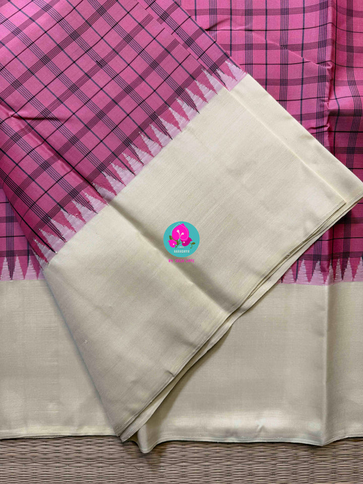 The Pink Statement: Zero Zari Kanjivaram saree in Vibrant Check and Soft Contrast
