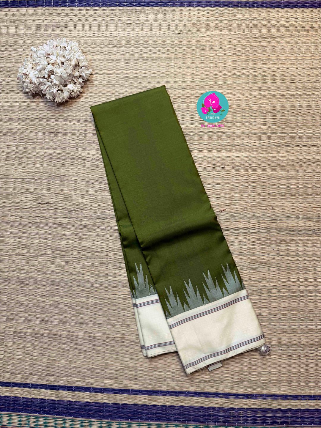 The Sannajaji Calm: Zero Zari Kanjivaram saree in Olive Green and Ivory