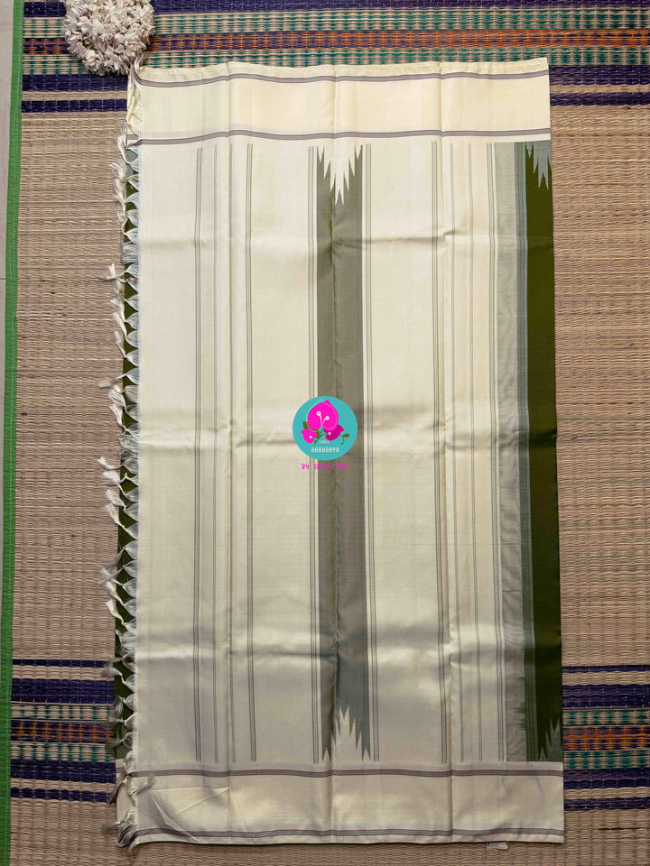 The Sannajaji Calm: Zero Zari Kanjivaram saree in Olive Green and Ivory