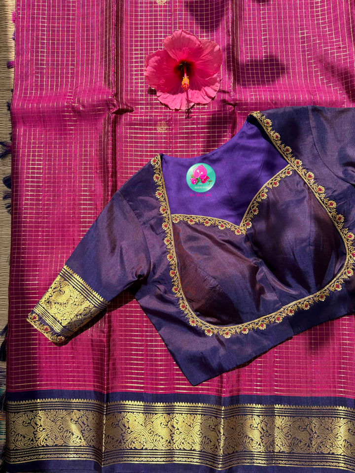 Imperial Magenta & Midnight Navy: Dark Pink Vaira Oosi Kanchipattu Saree