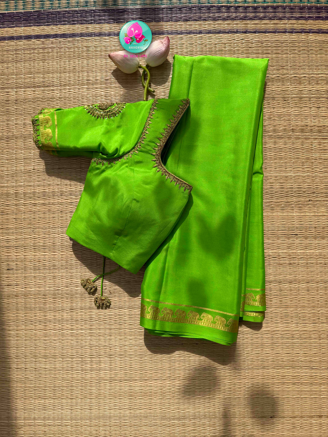 Luminous Verdure: Bright Parrot Green 120gsm Pure Mysore Crepe Silk Saree