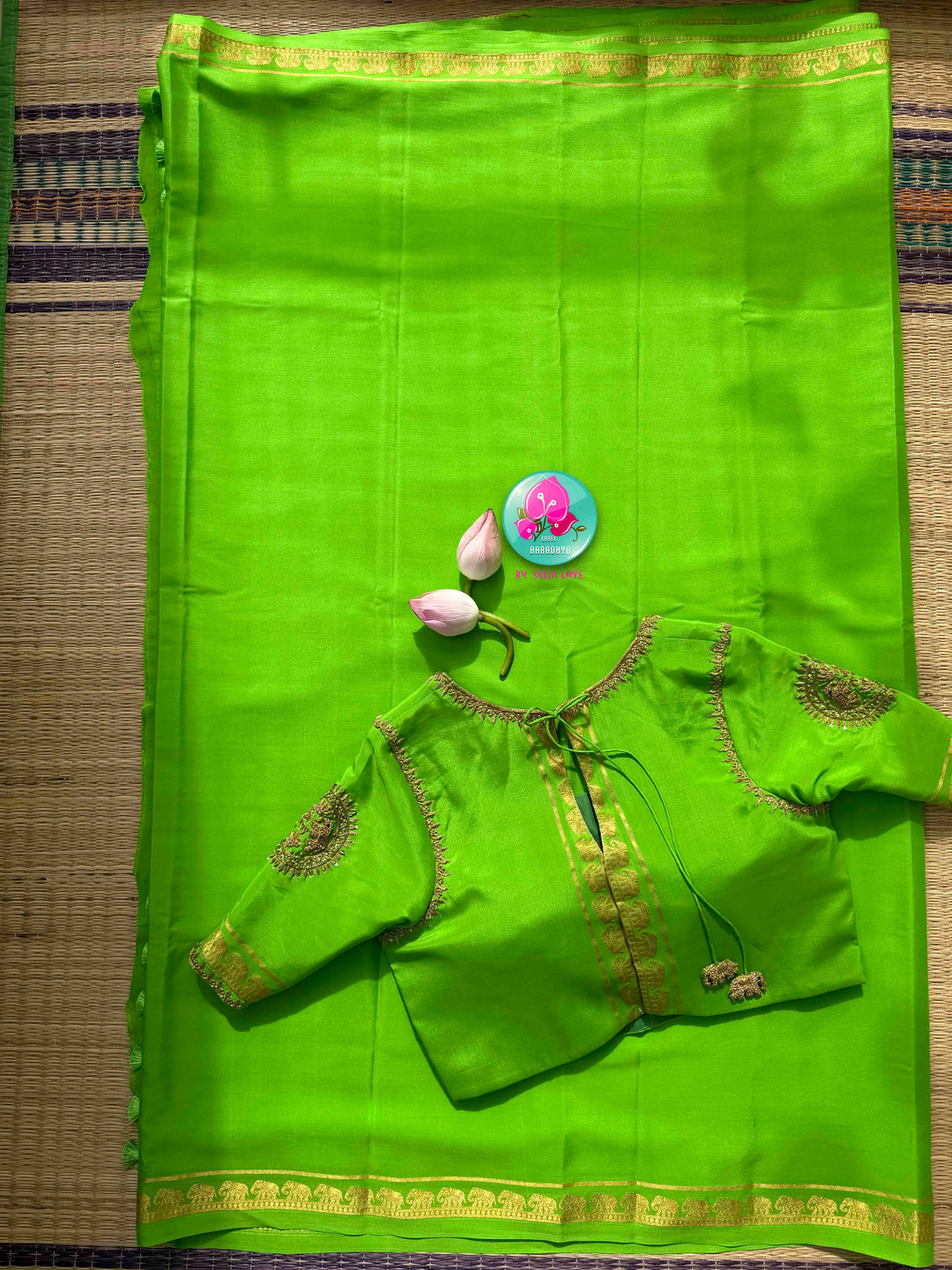 Luminous Verdure: Bright Parrot Green 120gsm Pure Mysore Crepe Silk Saree