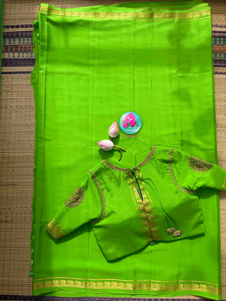 Luminous Verdure: Bright Parrot Green 120gsm Pure Mysore Crepe Silk Saree