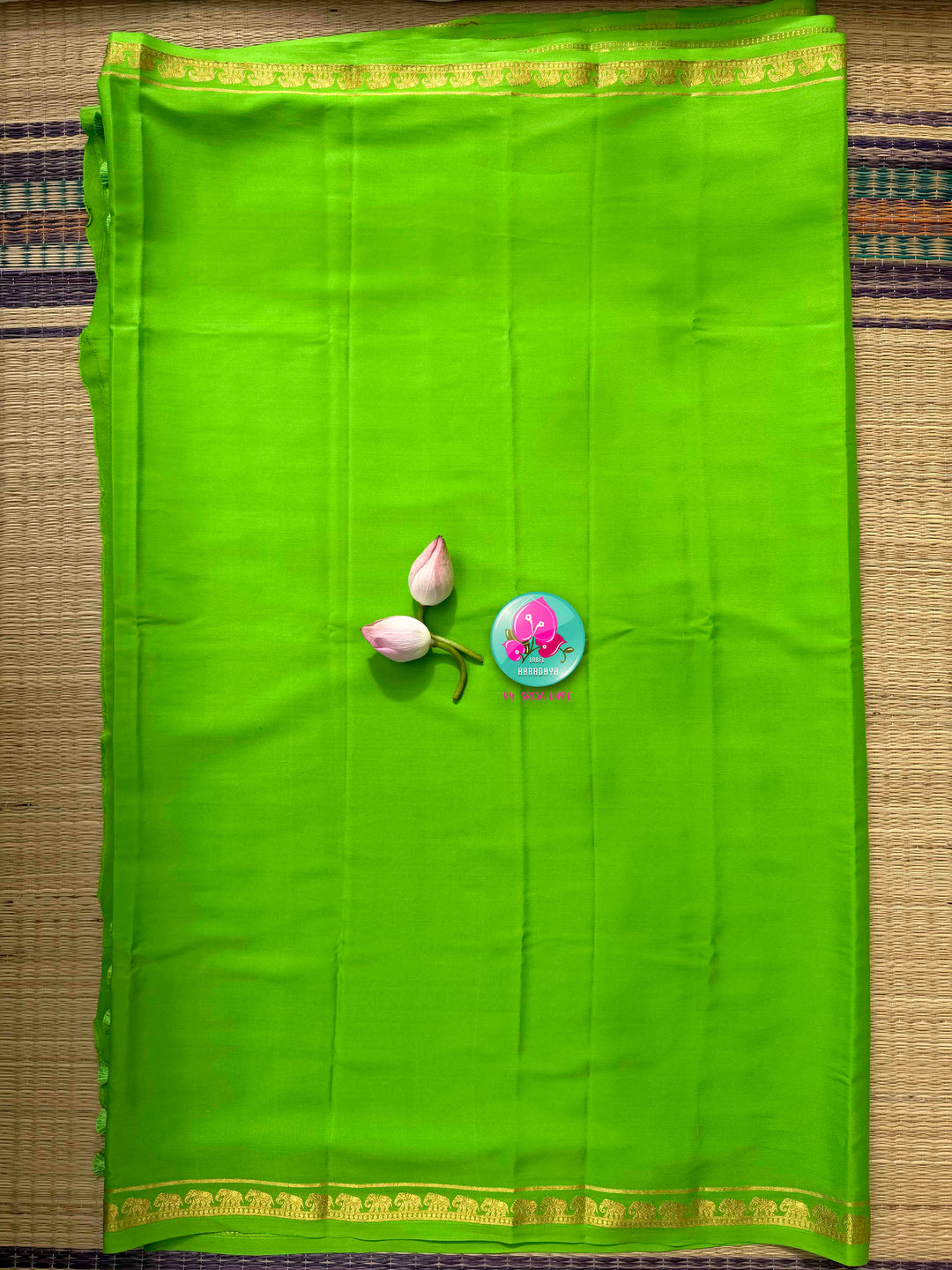 Luminous Verdure: Bright Parrot Green 120gsm Pure Mysore Crepe Silk Saree
