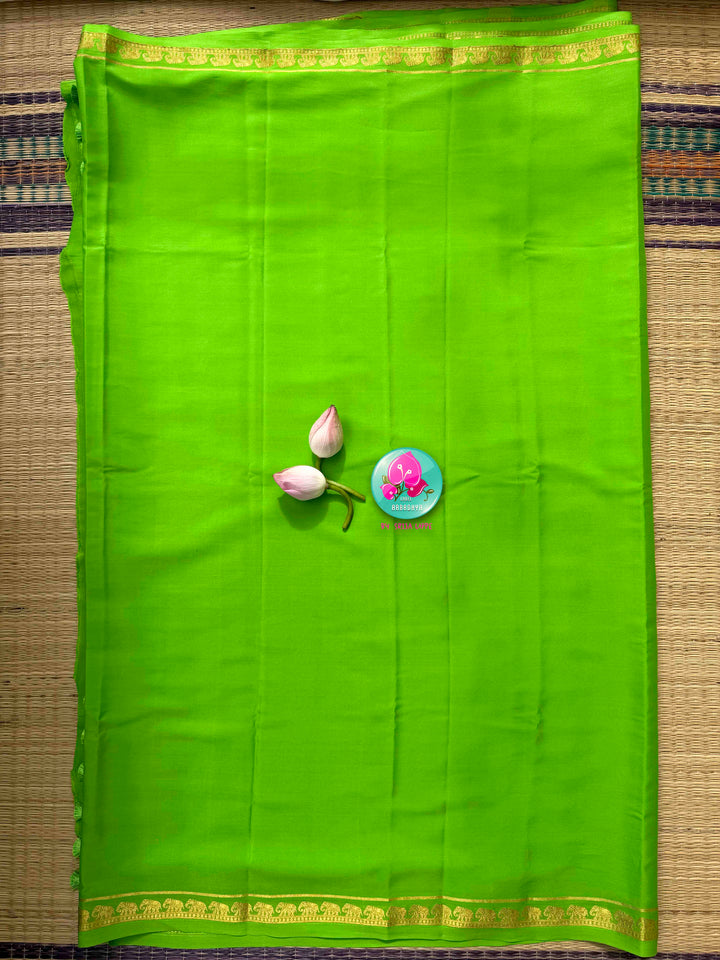 Luminous Verdure: Bright Parrot Green 120gsm Pure Mysore Crepe Silk Saree