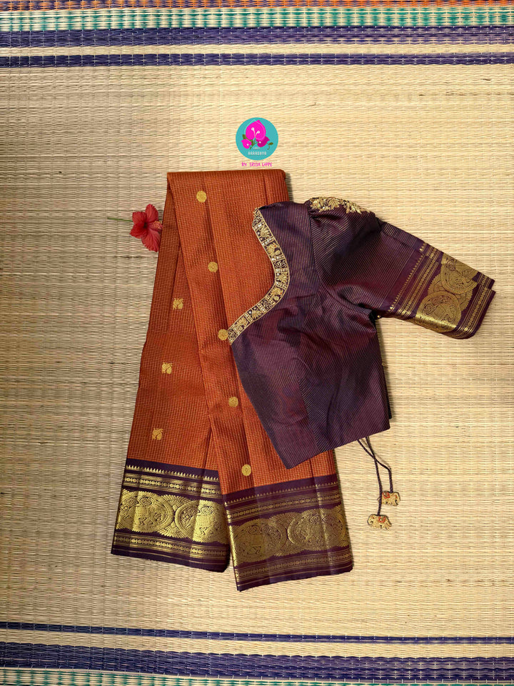 Ember & Amethyst: Rust Orange Kanchipattu Saree with Vintage purplish brown Border