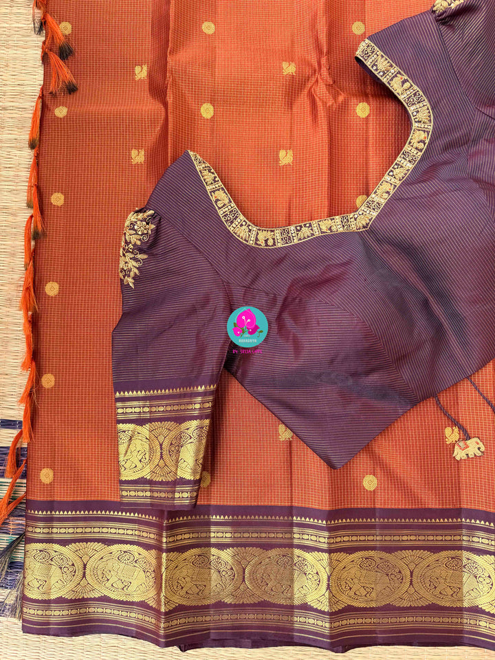 Ember & Amethyst: Rust Orange Kanchipattu Saree with Vintage purplish brown Border