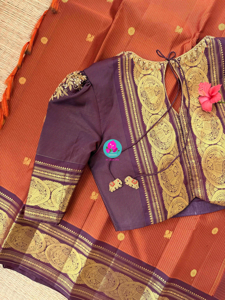 Ember & Amethyst: Rust Orange Kanchipattu Saree with Vintage purplish brown Border