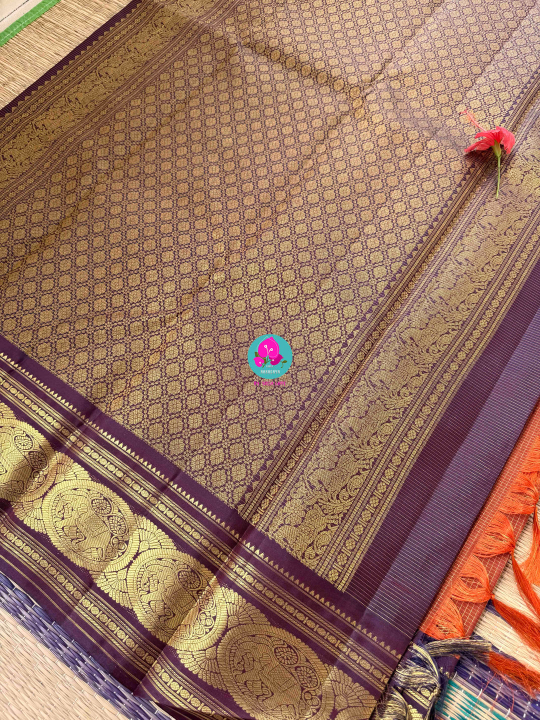 Ember & Amethyst: Rust Orange Kanchipattu Saree with Vintage purplish brown Border