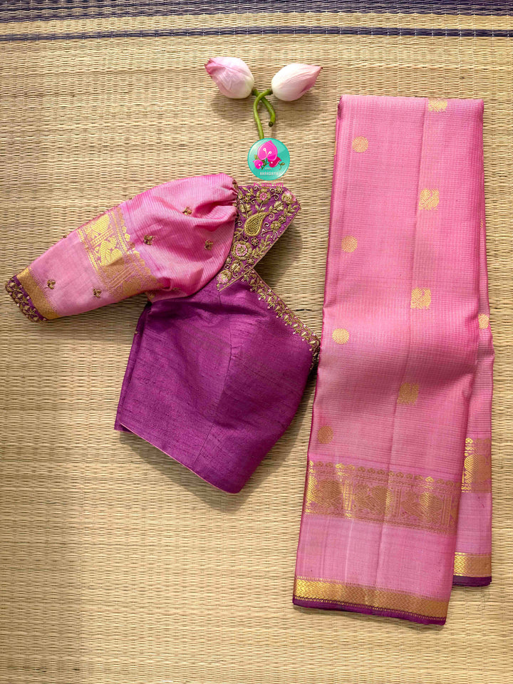 Blushing Romance: Pure Onion Pink Vaira Oosi Kanchipattu & Dark Magenta Fusion Blouse