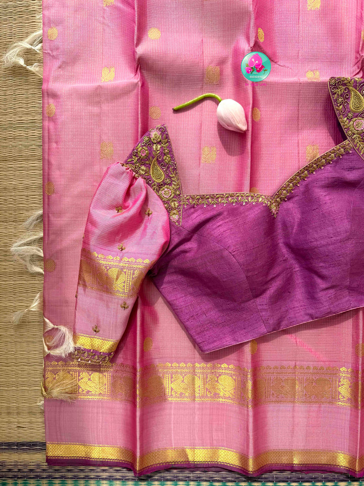 Blushing Romance: Pure Onion Pink Vaira Oosi Kanchipattu & Dark Magenta Fusion Blouse