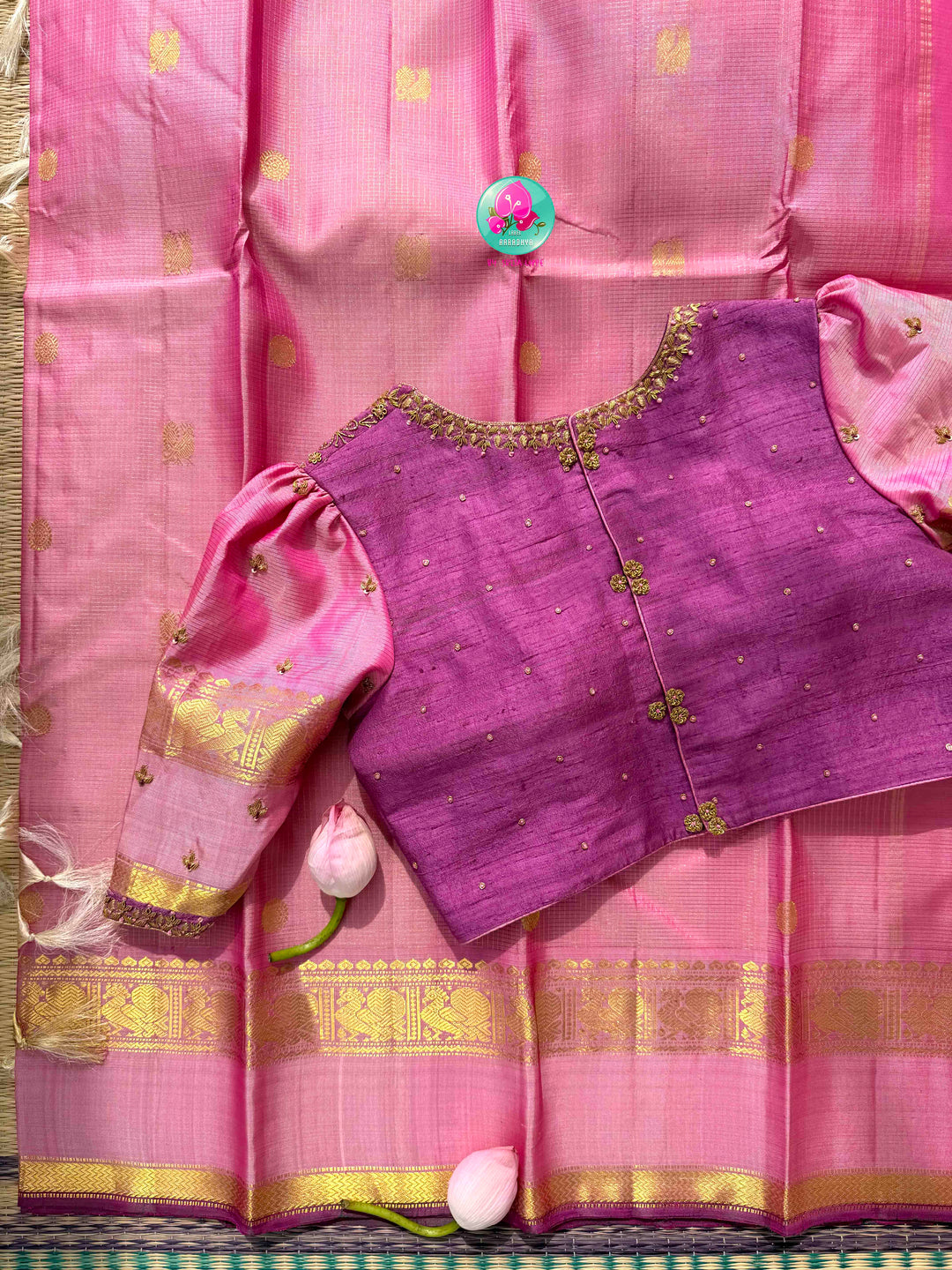 Blushing Romance: Pure Onion Pink Vaira Oosi Kanchipattu & Dark Magenta Fusion Blouse