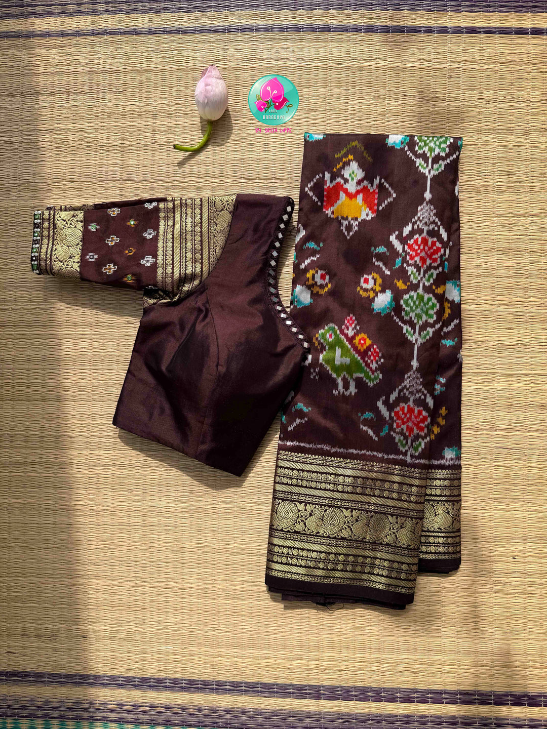 Earthy Heritage: Dark Cocoa Brown Pure Silk 5-Motif Ikkat Saree & Zardozi Mirror Blouse