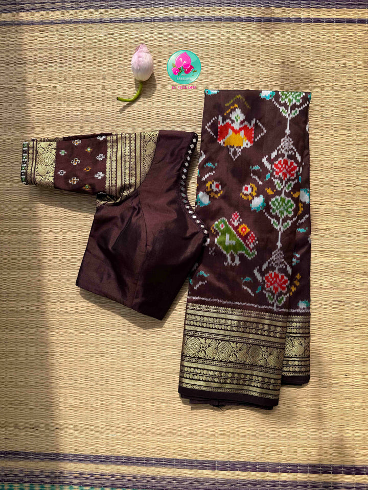 Earthy Heritage: Dark Cocoa Brown Pure Silk 5-Motif Ikkat Saree & Zardozi Mirror Blouse