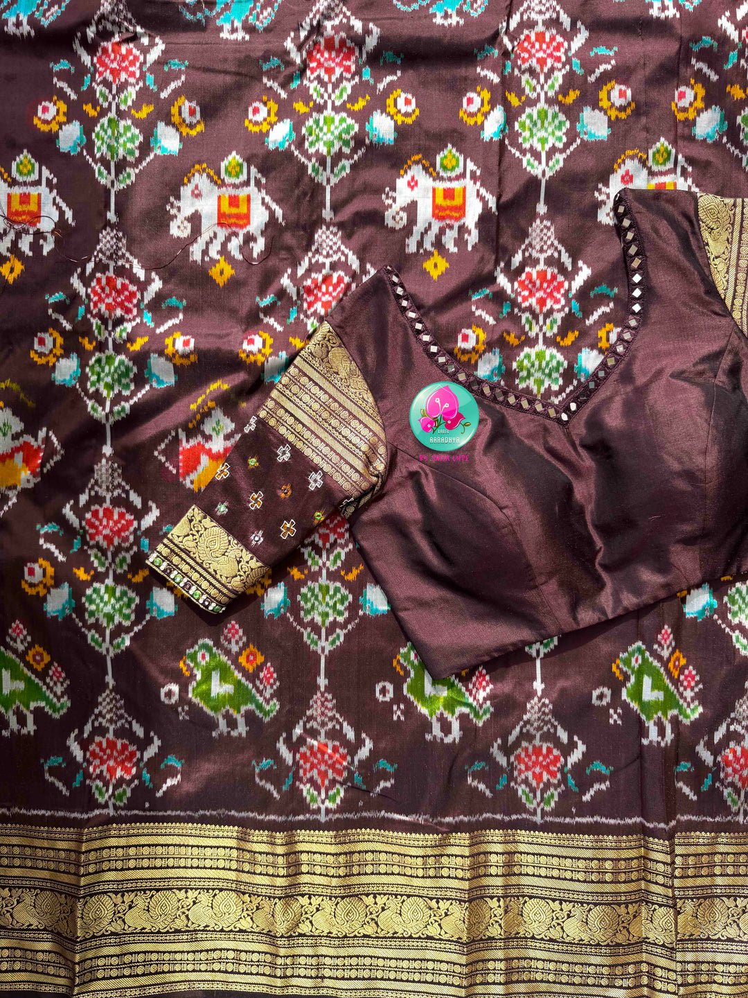Earthy Heritage: Dark Cocoa Brown Pure Silk 5-Motif Ikkat Saree & Zardozi Mirror Blouse