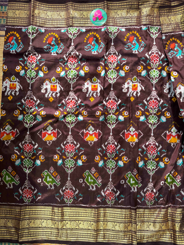 Earthy Heritage: Dark Cocoa Brown Pure Silk 5-Motif Ikkat Saree & Zardozi Mirror Blouse