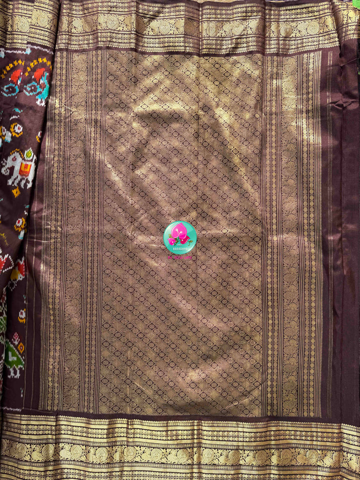 Earthy Heritage: Dark Cocoa Brown Pure Silk 5-Motif Ikkat Saree & Zardozi Mirror Blouse