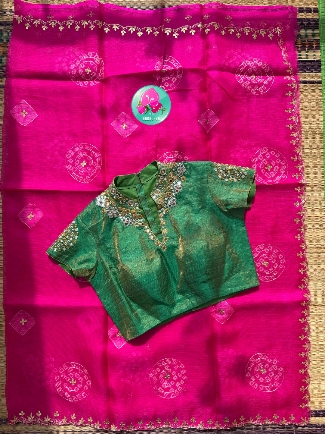 Vibrant Rajasthani Splendor: Bright Pink Bandhani Kota Silk & Emerald Tissue Mirror Blouse