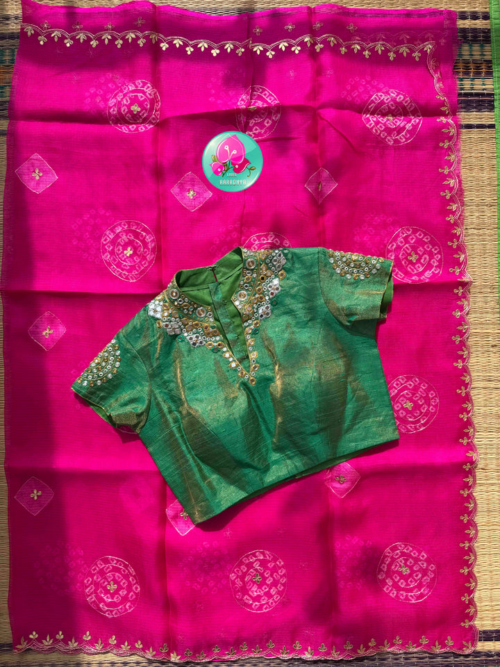 Vibrant Rajasthani Splendor: Bright Pink Bandhani Kota Silk & Emerald Tissue Mirror Blouse