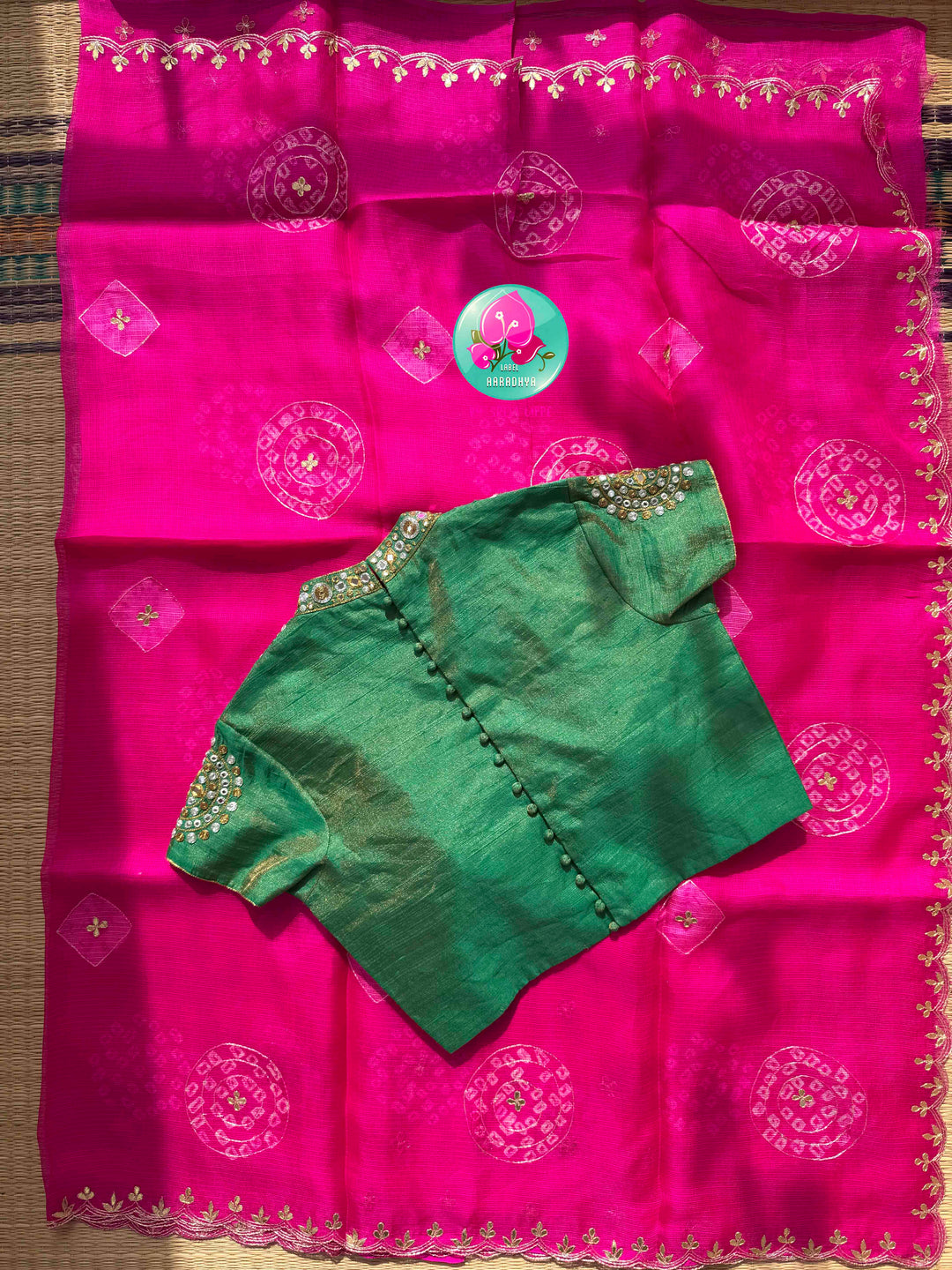 Vibrant Rajasthani Splendor: Bright Pink Bandhani Kota Silk & Emerald Tissue Mirror Blouse