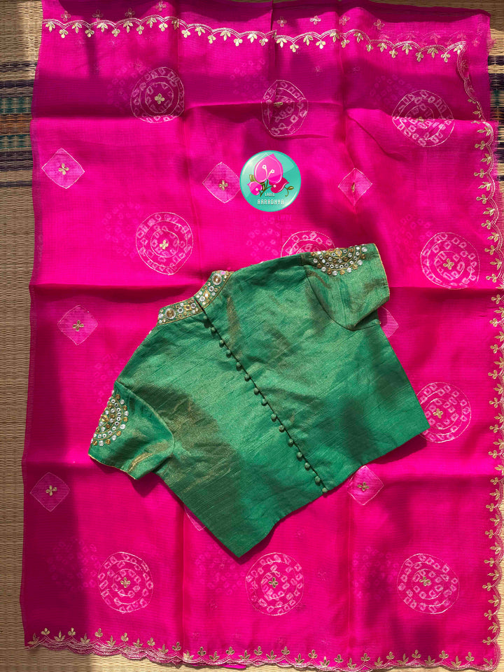 Vibrant Rajasthani Splendor: Bright Pink Bandhani Kota Silk & Emerald Tissue Mirror Blouse