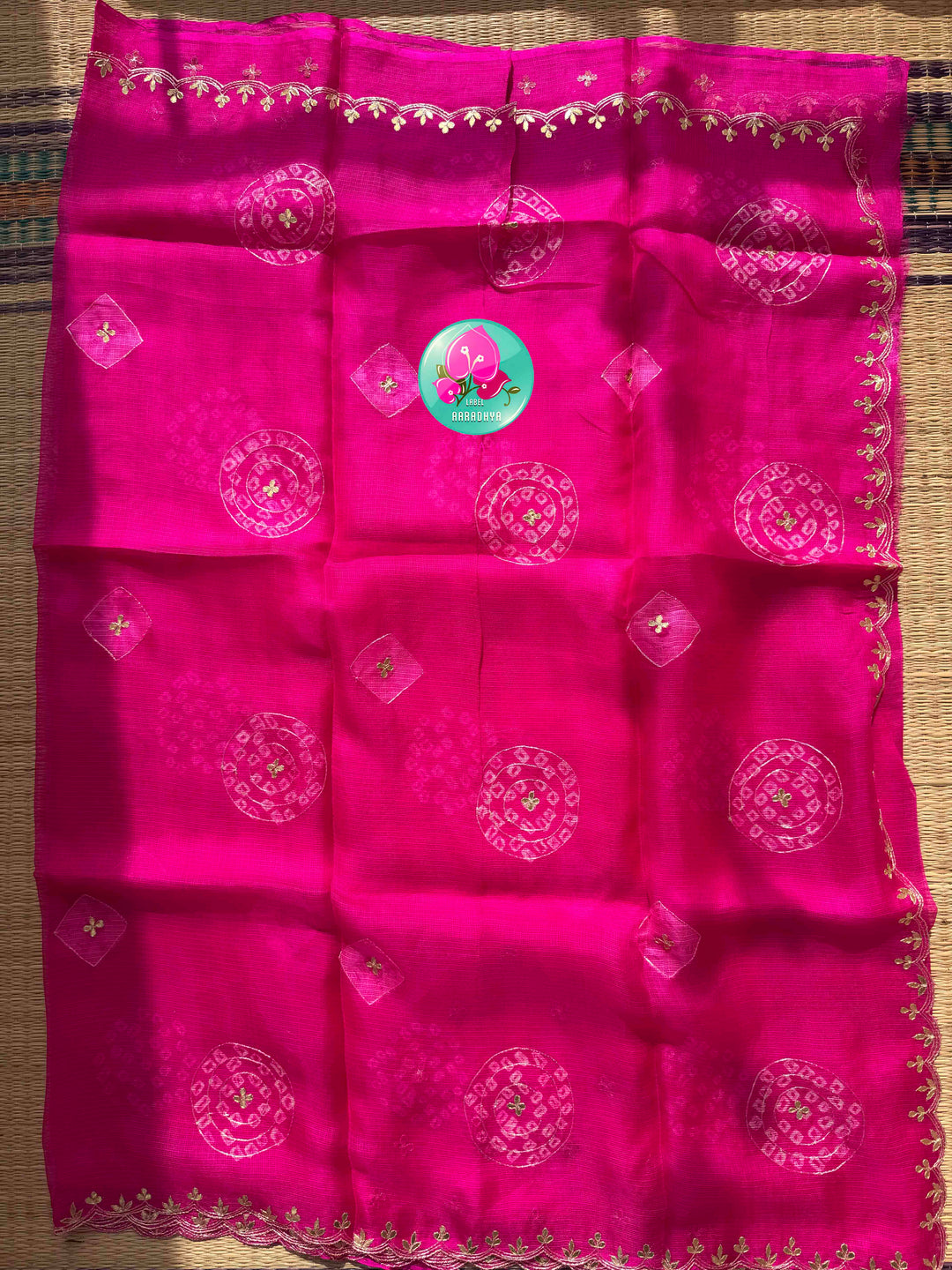 Vibrant Rajasthani Splendor: Bright Pink Bandhani Kota Silk & Emerald Tissue Mirror Blouse